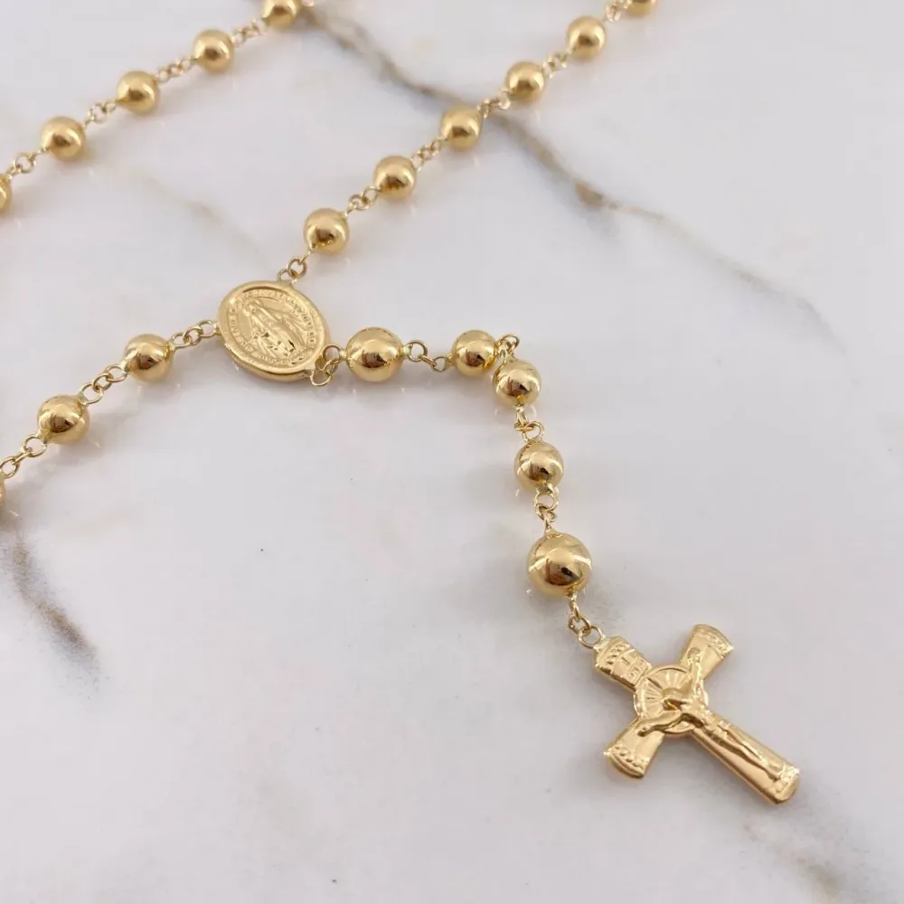 Rosario Virgen Milagrosa 12.4gr / 60cm / 5mm-6mm Bolas Lisas Oro Amarillo $ en Bronce Envejecido