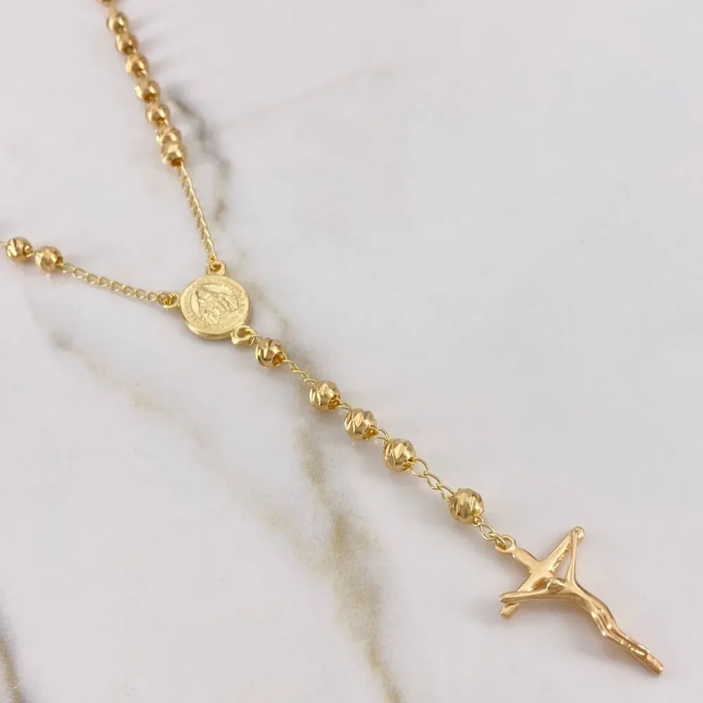 Rosario Virgen Milagrosa 12.5gr / 60cm / 4mm Bola Diamantada Oro Amarillo 18K $ en Bronce Envejecido