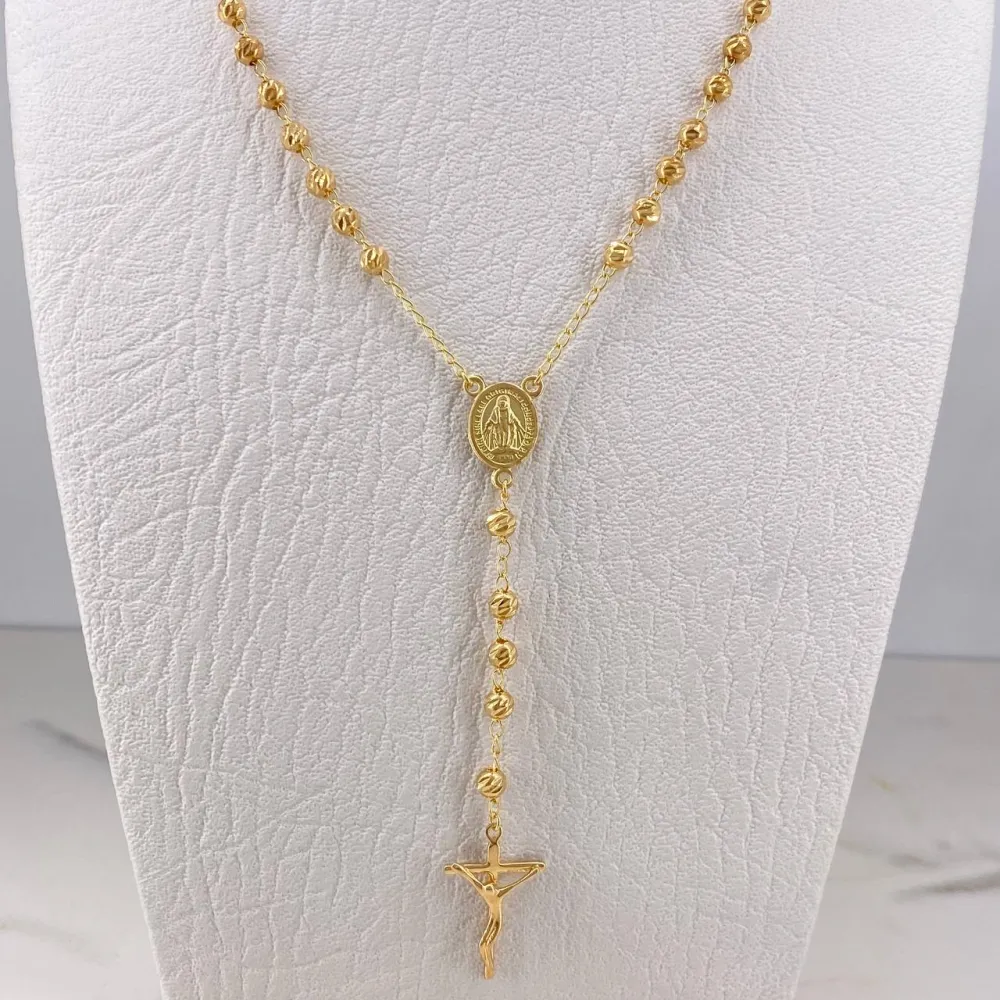 Rosario Virgen Milagrosa 12.5gr / 60cm / 4mm Bola Diamantada Oro Amarillo 18K $ en Bronce Envejecido