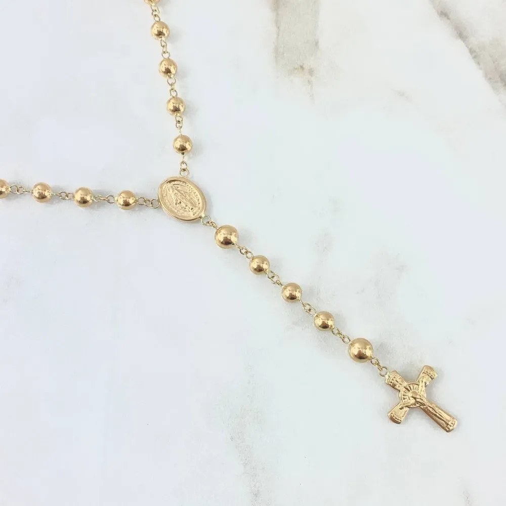 Rosario Virgen Milagrosa 12.8gr / 60cm / 5mm - 6mm Bolas Lisas - Cruz Cristo Oro Amarillo 18K * en Resina de Alta Densidad
