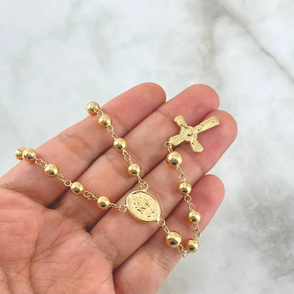 Rosario Virgen Milagrosa 12.8gr / 60cm / 5mm - 6mm Bolas Lisas - Cruz Cristo Oro Amarillo 18K * en Resina de Alta Densidad