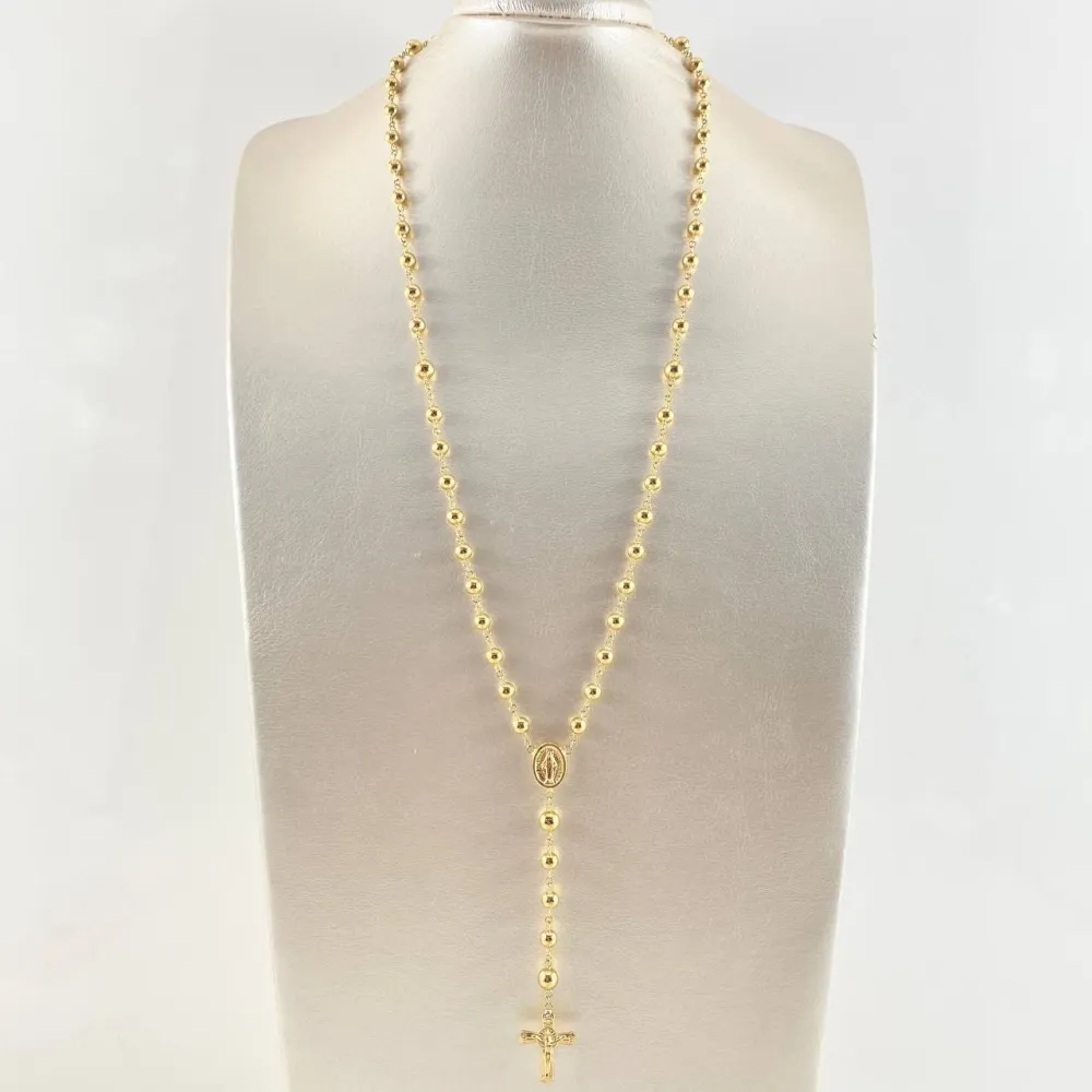 Rosario Virgen Milagrosa 12.8gr / 60cm / 5mm - 6mm Bolas Lisas - Cruz Cristo Oro Amarillo 18K * en Resina de Alta Densidad