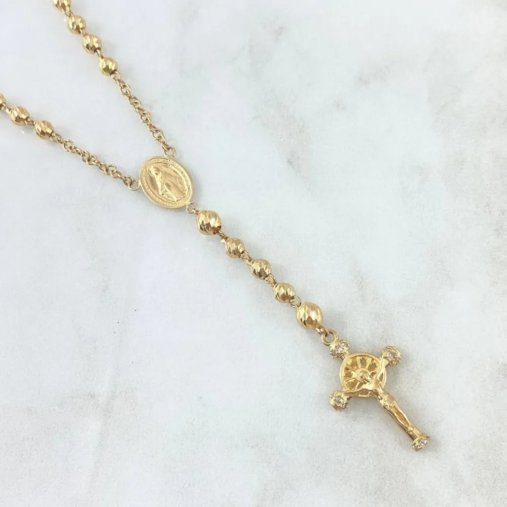 Rosario Virgen Milagrosa 14.35gr / 60cm / 4mm - 5mm Bolas Diamantadas - Cruz Cristo Circones Blancos Oro Amarillo 18K para...