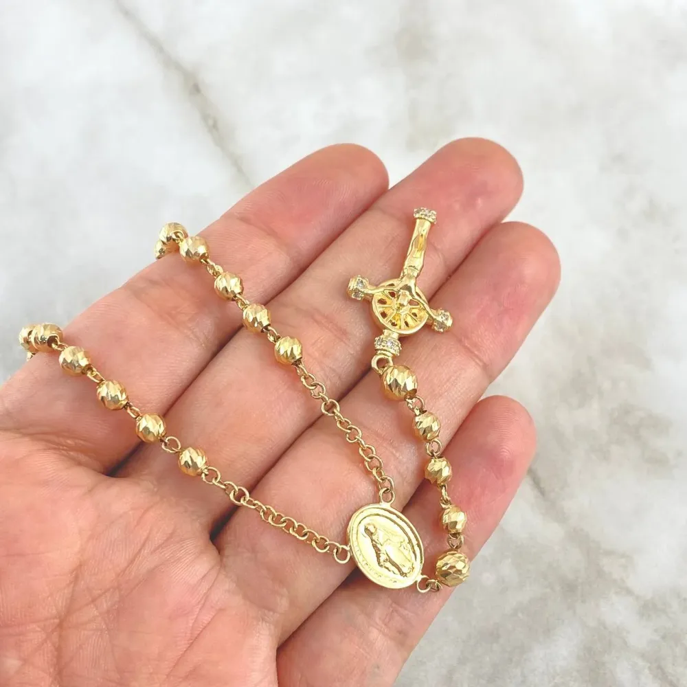 Rosario Virgen Milagrosa 14.35gr / 60cm / 4mm - 5mm Bolas Diamantadas - Cruz Cristo Circones Blancos Oro Amarillo 18K para...