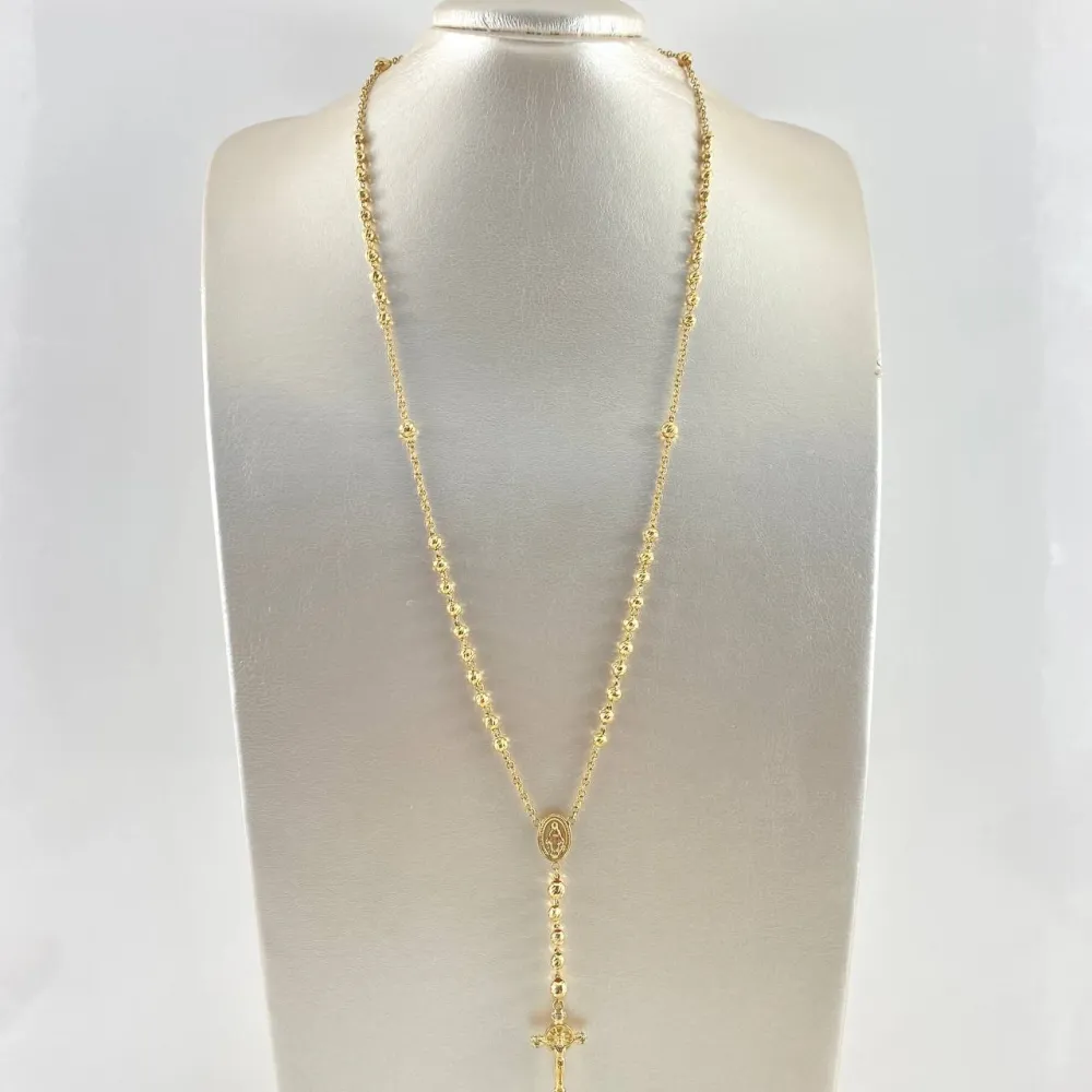 Rosario Virgen Milagrosa 14.35gr / 60cm / 4mm - 5mm Bolas Diamantadas - Cruz Cristo Circones Blancos Oro Amarillo 18K para...