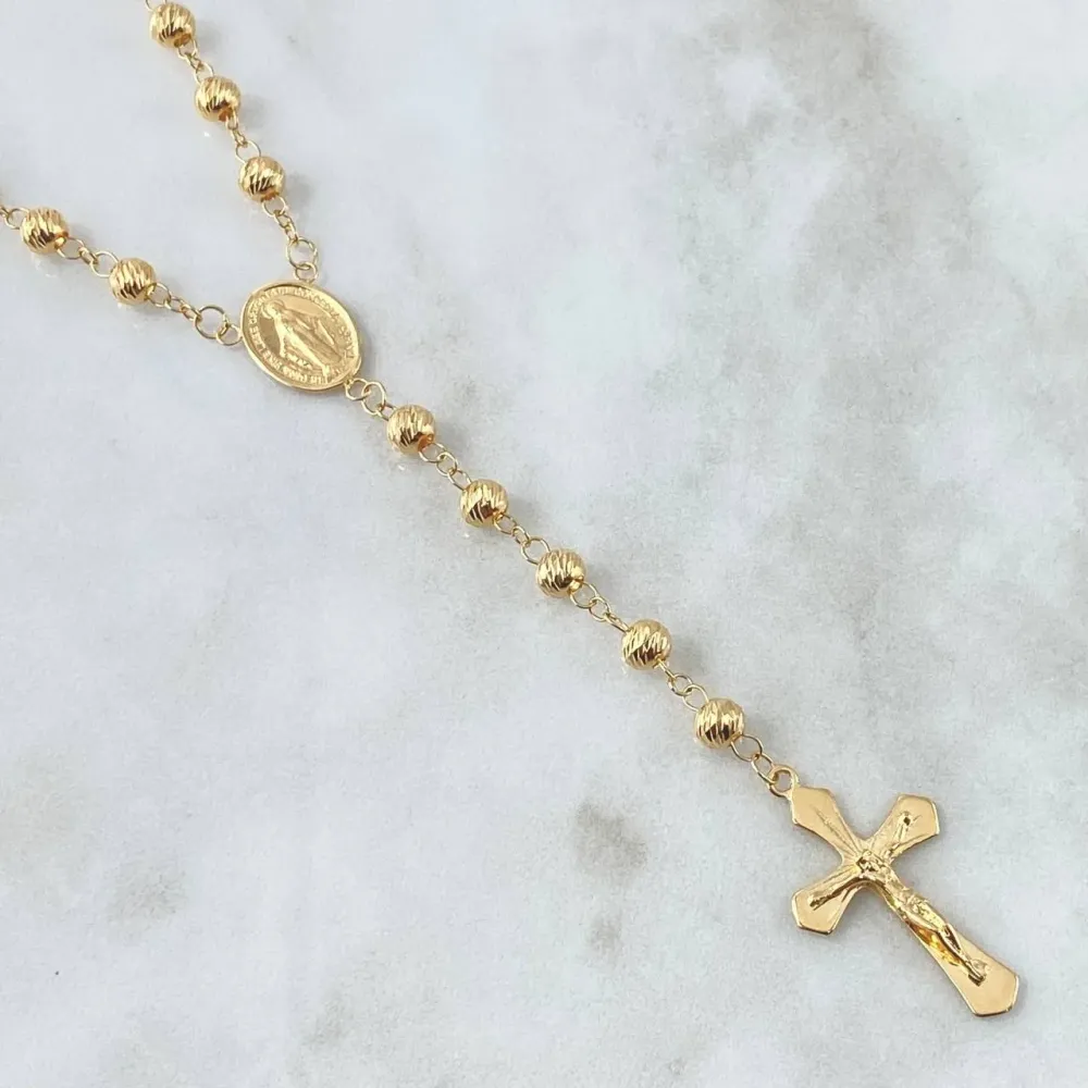 Rosario Virgen Milagrosa 16.5gr / 60cm / 5mm-6mm Bolas Diamantadas Cruz Cristo En Puntas Lisas Oro Amarillo 18K con Base I...