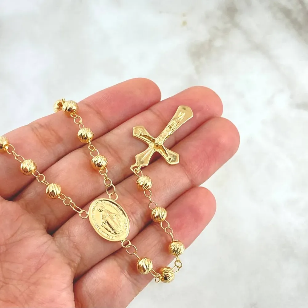 Rosario Virgen Milagrosa 16.5gr / 60cm / 5mm-6mm Bolas Diamantadas Cruz Cristo En Puntas Lisas Oro Amarillo 18K con Base I...