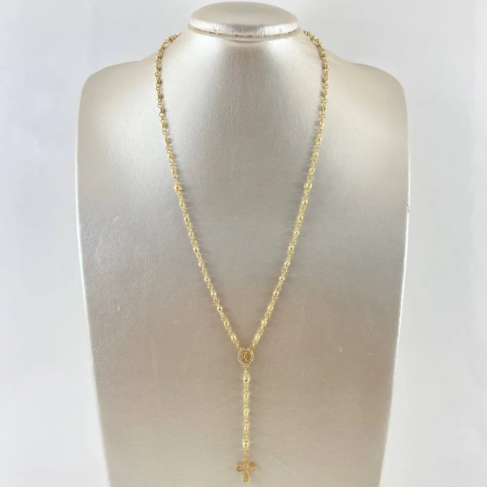 Rosario Virgen Milagrosa 16.5gr / 60cm / 5mm-6mm Bolas Diamantadas Cruz Cristo En Puntas Lisas Oro Amarillo 18K con Base I...