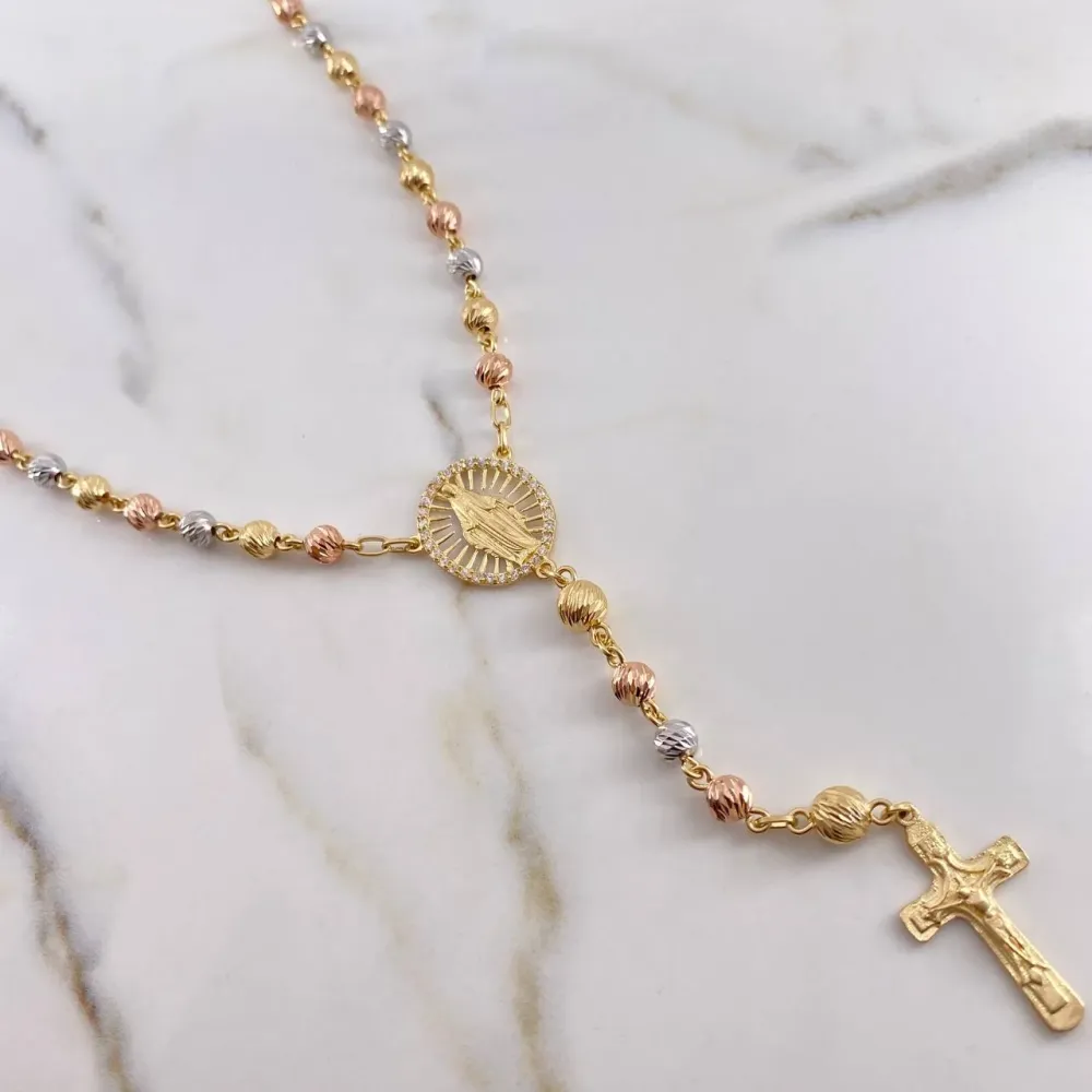 Rosario Virgen Milagrosa 24.25gr / 60cm / 5-6mm Bolas Diamantadas Tres Oros 18K & con Base Incluida