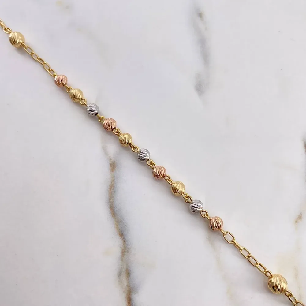 Rosario Virgen Milagrosa 24.25gr / 60cm / 5-6mm Bolas Diamantadas Tres Oros 18K & con Base Incluida