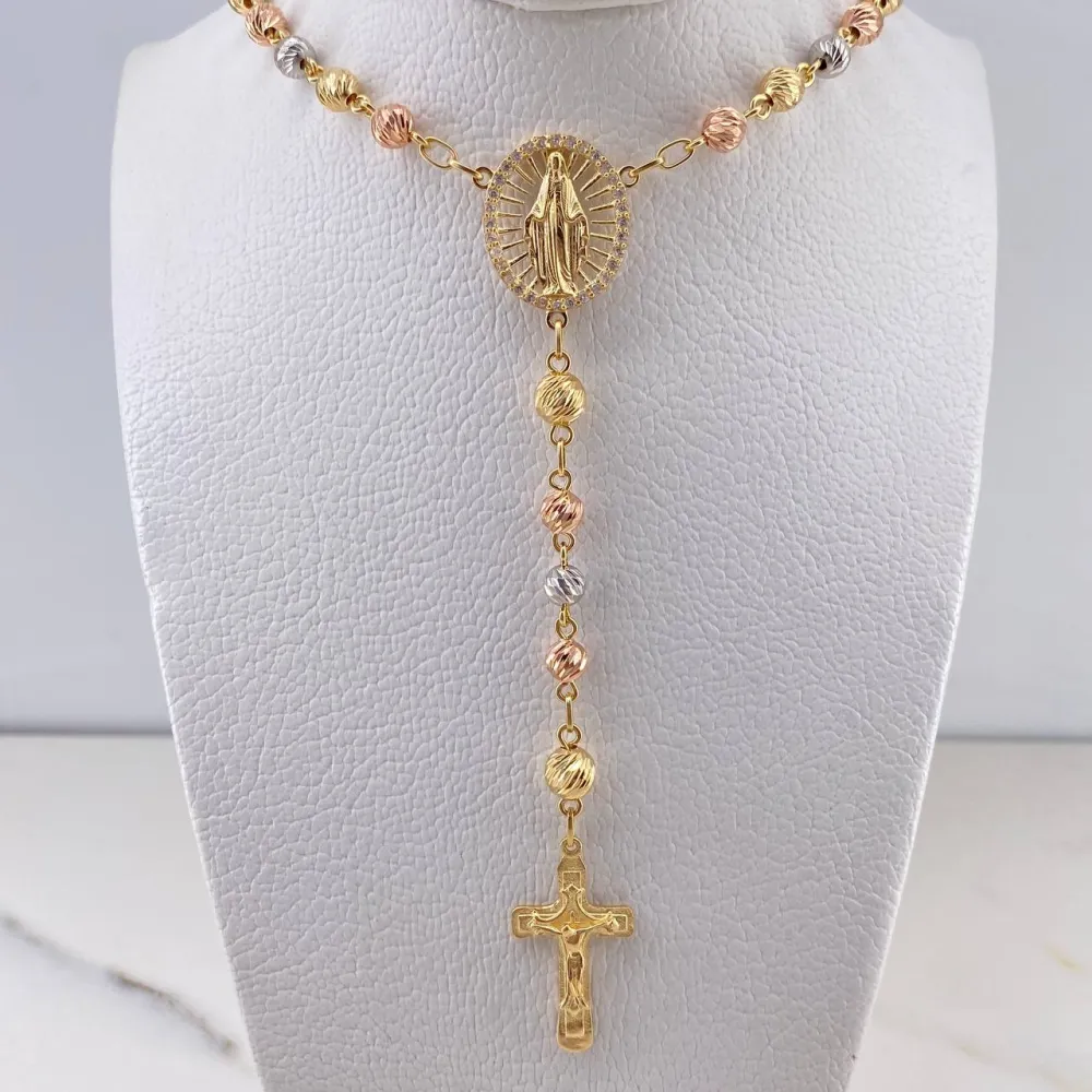 Rosario Virgen Milagrosa 24.25gr / 60cm / 5-6mm Bolas Diamantadas Tres Oros 18K & con Base Incluida