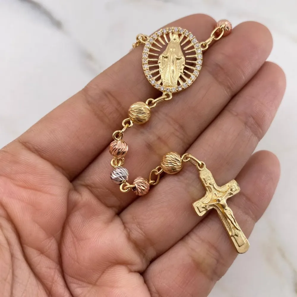 Rosario Virgen Milagrosa 24.25gr / 60cm / 5-6mm Bolas Diamantadas Tres Oros 18K & con Base Incluida
