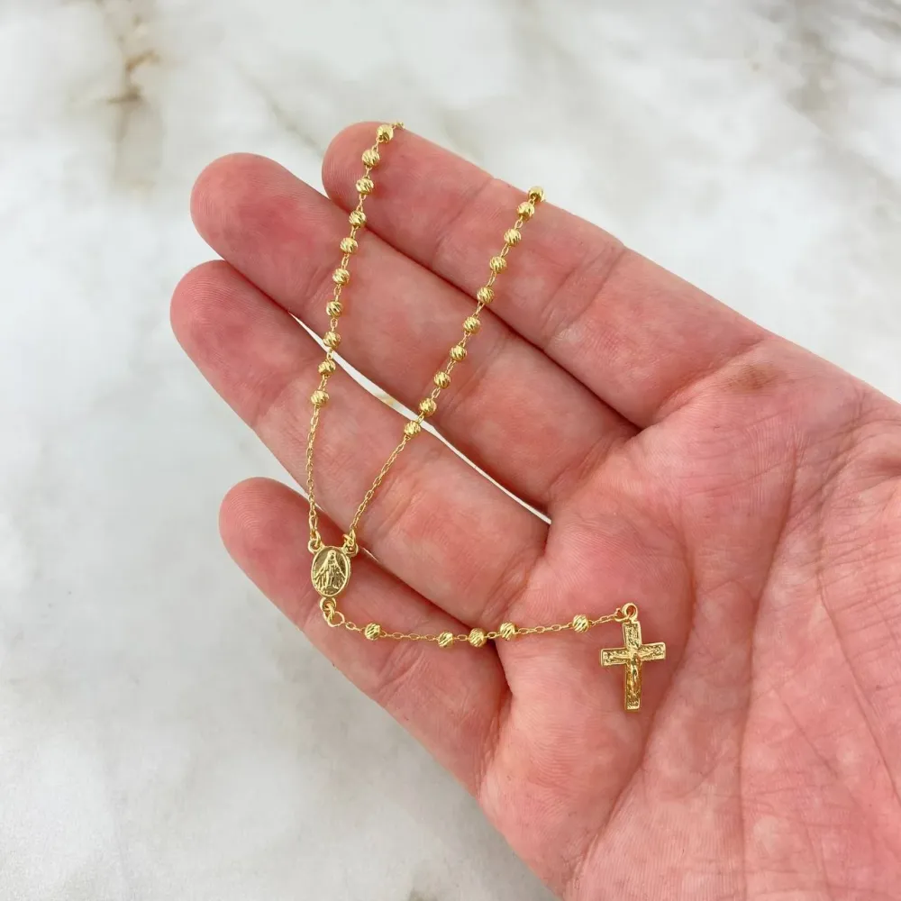 Rosario Virgen Milagrosa 4.1gr / 45cm / 3mm Bolas Diamantadas Oro Amarillo en Resina de Alta Densidad