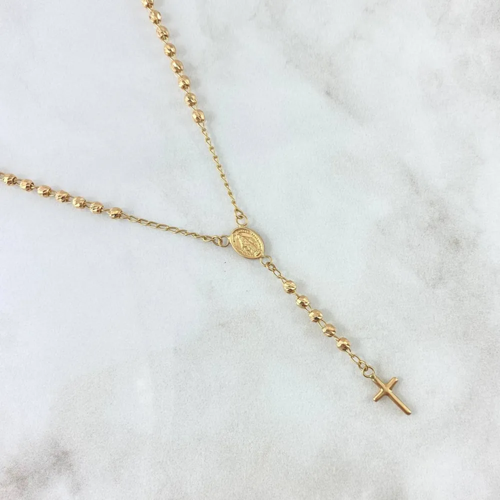 Rosario Virgen Milagrosa 6.8gr / 50cm 3mm Bola Diamantada Oro Amarillo con Certificado de Autenticidad