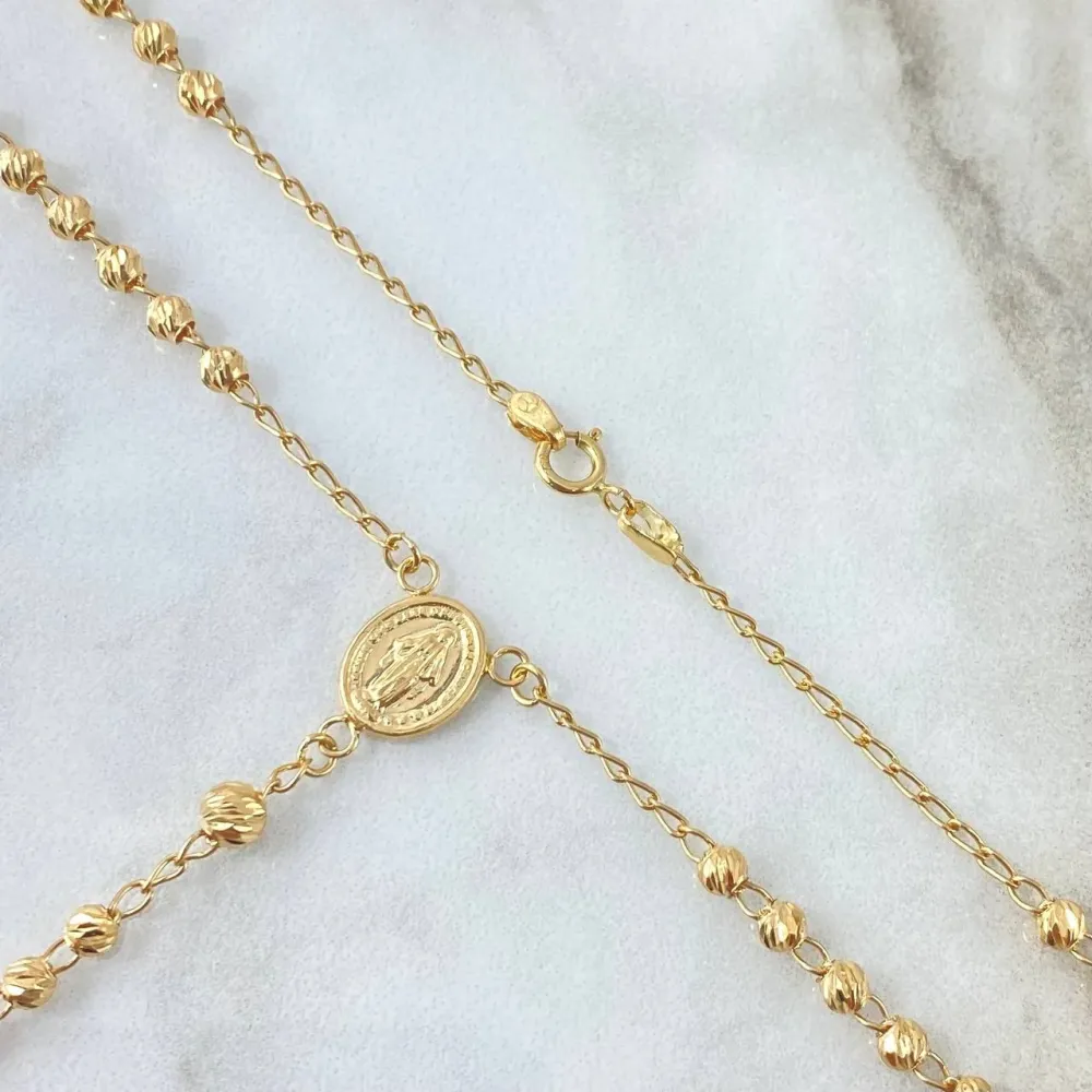 Rosario Virgen Milagrosa 7.2gr / 45cm / 3mm-4mm Bolas Diamantadas Cruz Lisa Oro Amarillo 18K | Resistente la Intemperie |