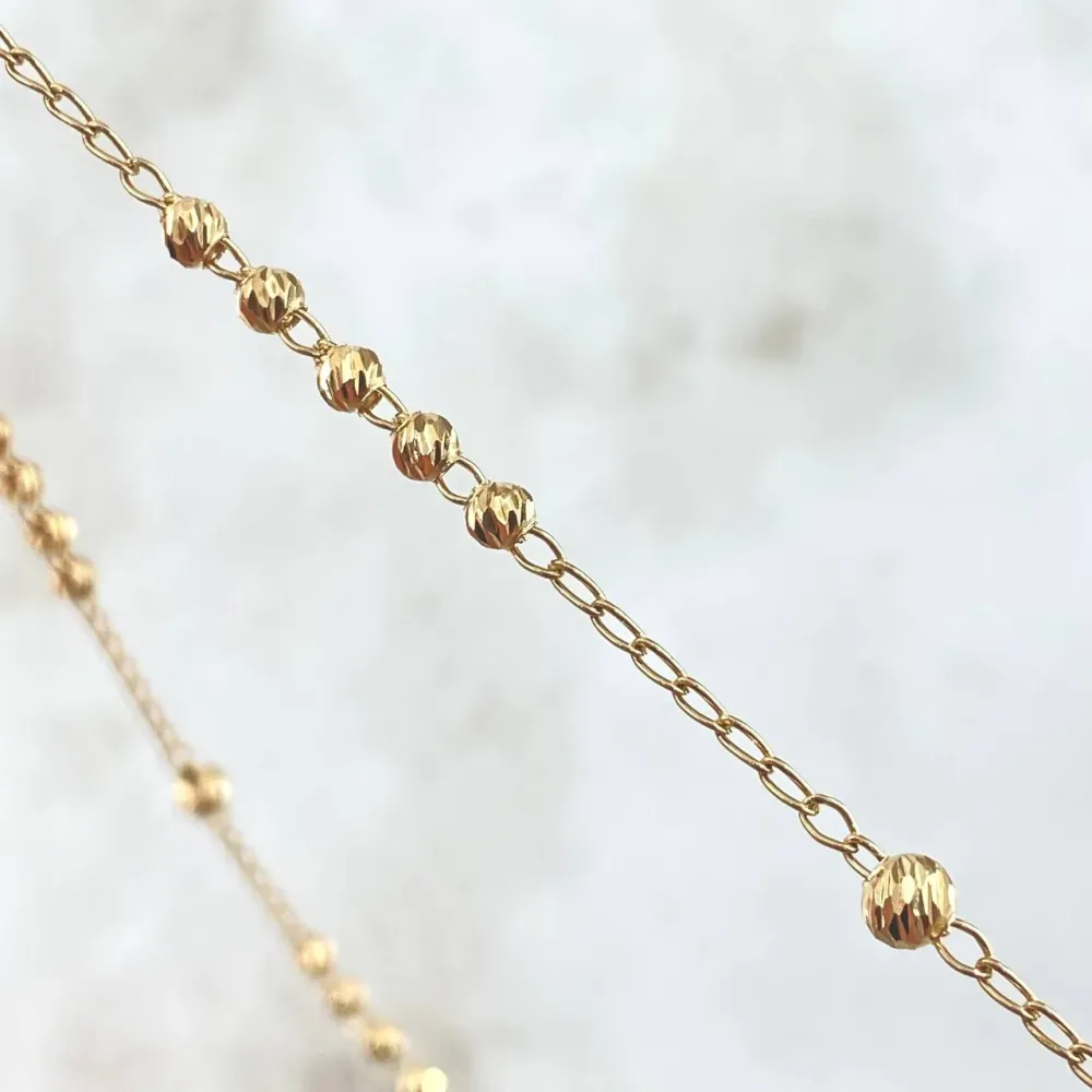 Rosario Virgen Milagrosa 7.2gr / 45cm / 3mm-4mm Bolas Diamantadas Cruz Lisa Oro Amarillo 18K | Resistente la Intemperie |