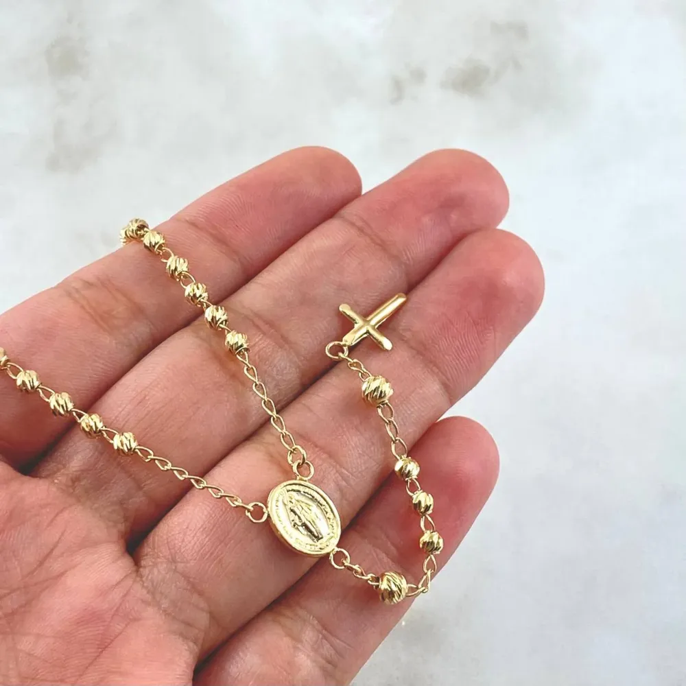 Rosario Virgen Milagrosa 7.2gr / 45cm / 3mm-4mm Bolas Diamantadas Cruz Lisa Oro Amarillo 18K | Resistente la Intemperie |