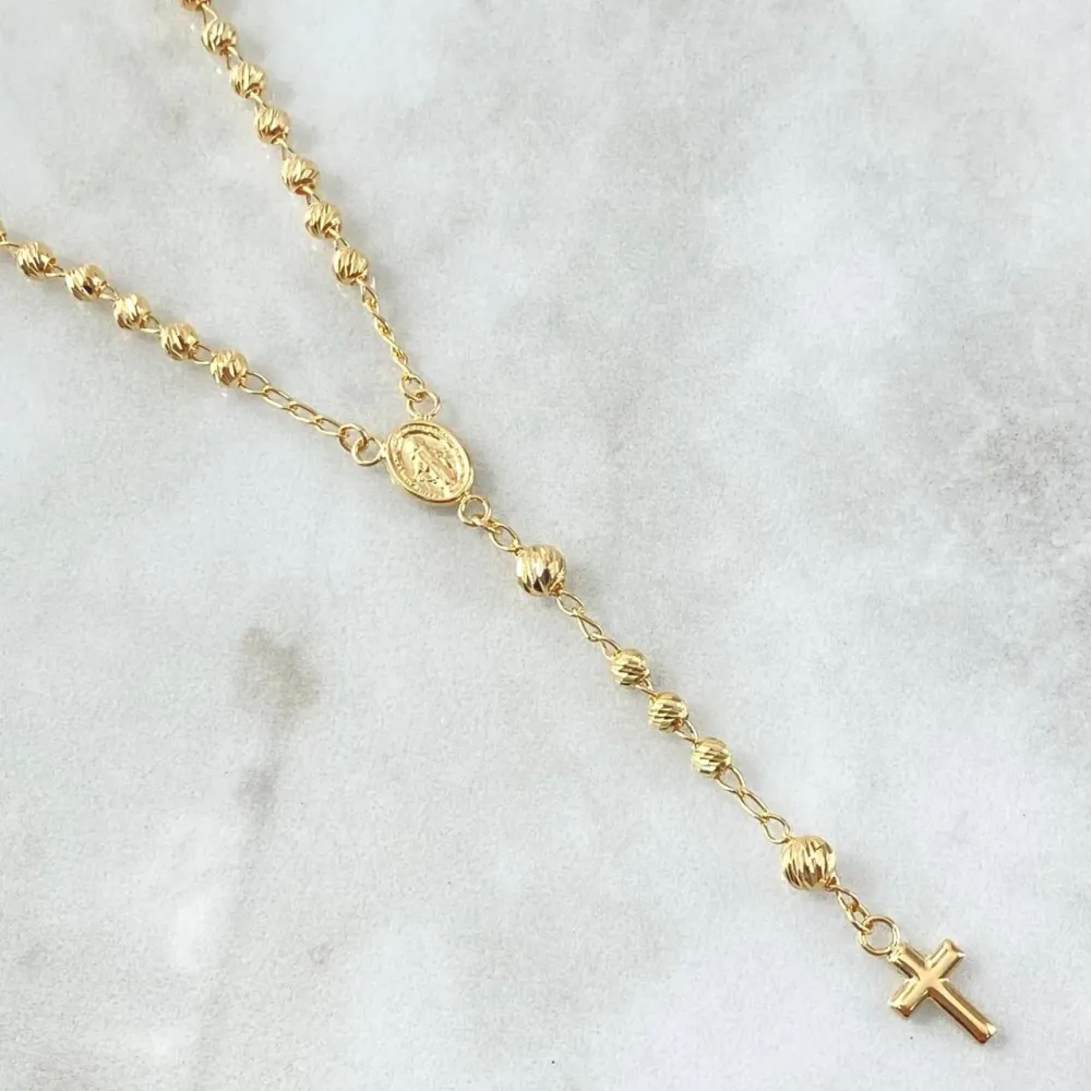 Rosario Virgen Milagrosa 7.75gr / 50cm / 3mm-4mm Bolas Diamantadas Crúz Lisa Oro Amarillo 18K Resistente la Intemperie