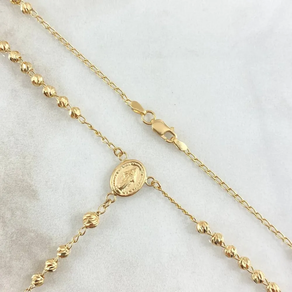 Rosario Virgen Milagrosa 7.75gr / 50cm / 3mm-4mm Bolas Diamantadas Crúz Lisa Oro Amarillo 18K Resistente la Intemperie
