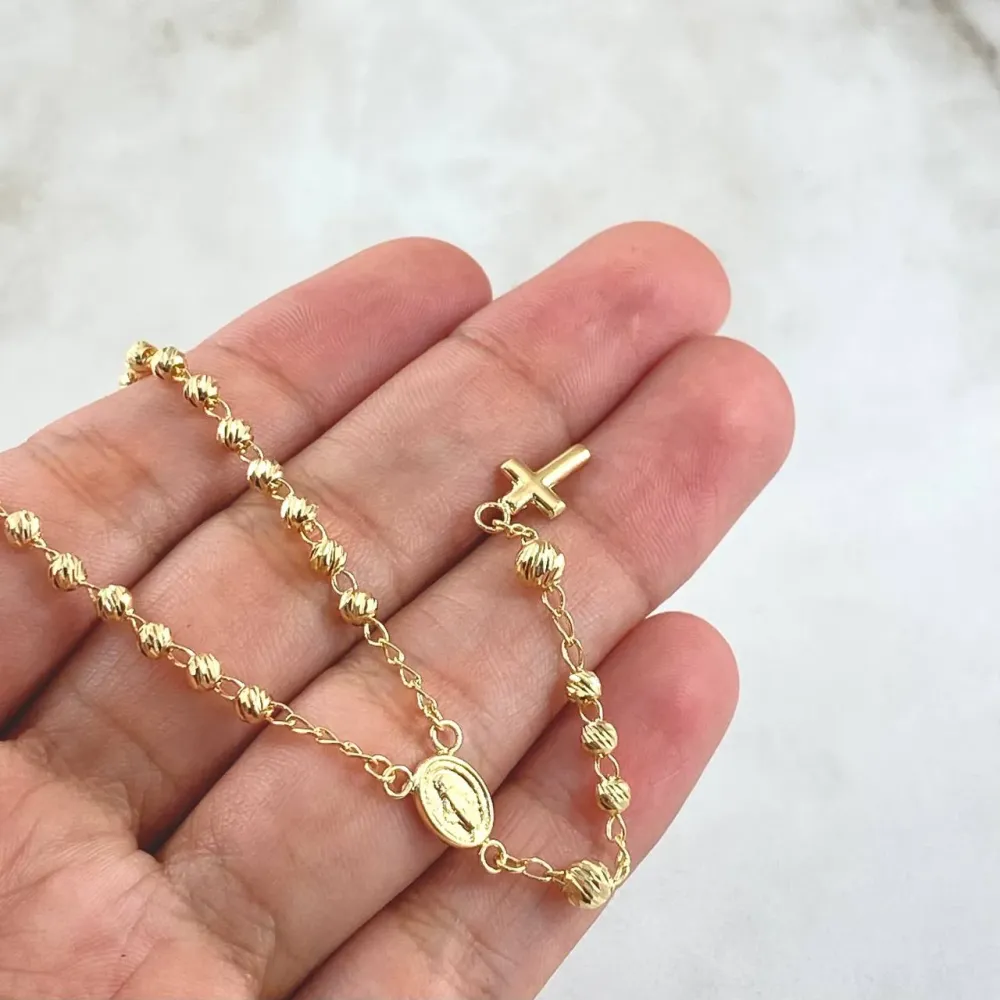 Rosario Virgen Milagrosa 7.75gr / 50cm / 3mm-4mm Bolas Diamantadas Crúz Lisa Oro Amarillo 18K Resistente la Intemperie