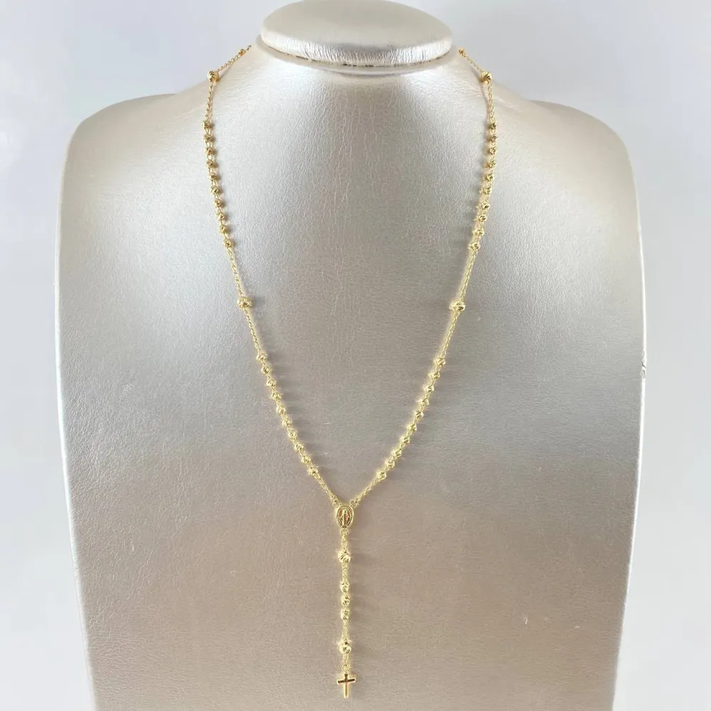 Rosario Virgen Milagrosa 7.75gr / 50cm / 3mm-4mm Bolas Diamantadas Crúz Lisa Oro Amarillo 18K Resistente la Intemperie