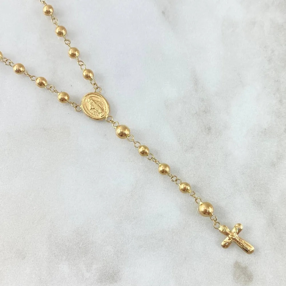 Rosario Virgen Milagrosa 8.7gr / 55cm / 4mm - 5mm Bolas Lisas - Cruz Cristo Oro Amarillo 18K | Resistente la Intemperie |