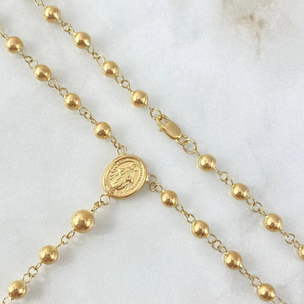 Rosario Virgen Milagrosa 8.7gr / 55cm / 4mm - 5mm Bolas Lisas - Cruz Cristo Oro Amarillo 18K | Resistente la Intemperie |