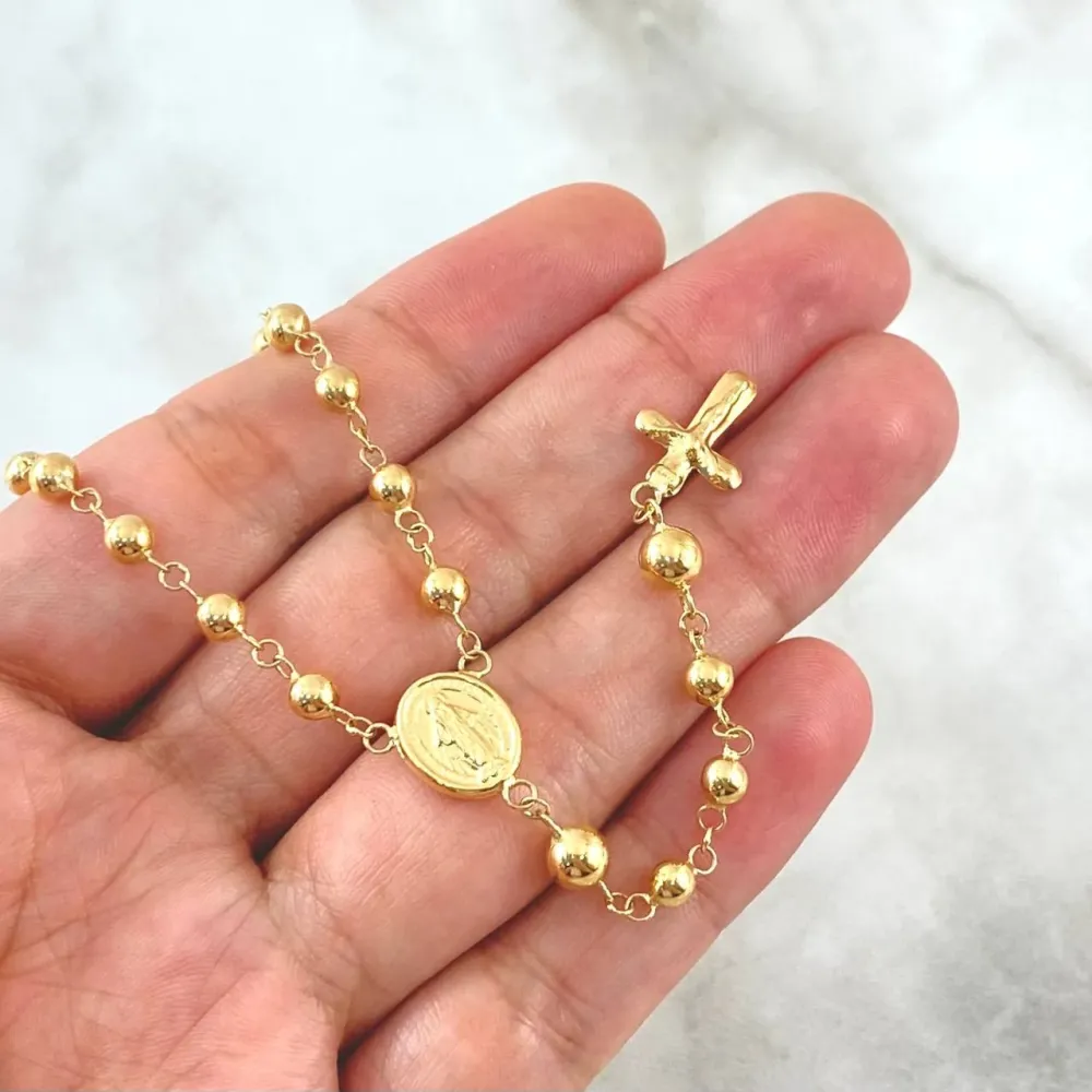 Rosario Virgen Milagrosa 8.7gr / 55cm / 4mm - 5mm Bolas Lisas - Cruz Cristo Oro Amarillo 18K | Resistente la Intemperie |