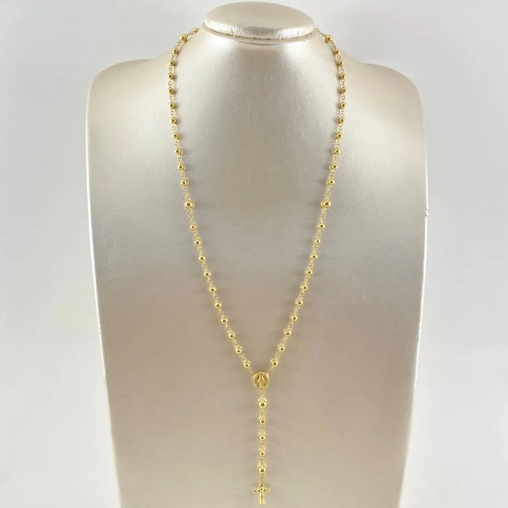 Rosario Virgen Milagrosa 8.7gr / 55cm / 4mm - 5mm Bolas Lisas - Cruz Cristo Oro Amarillo 18K | Resistente la Intemperie |