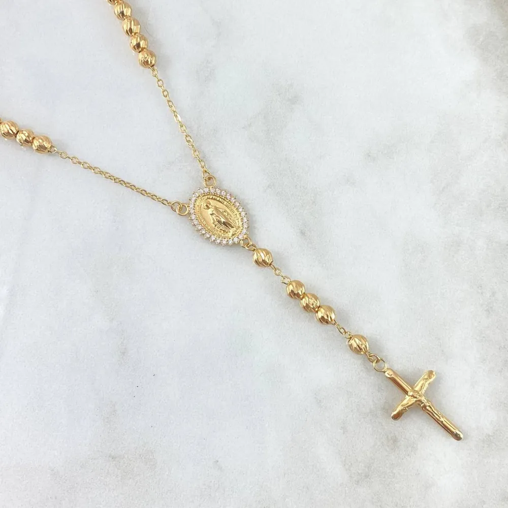 Rosario Virgen Milagrosa 9.75gr / 50cm / 4mm Bolas Diamantadas - Cruz Cristo Liso - Circones Blancos Oro Amarillo 18K (Hec...
