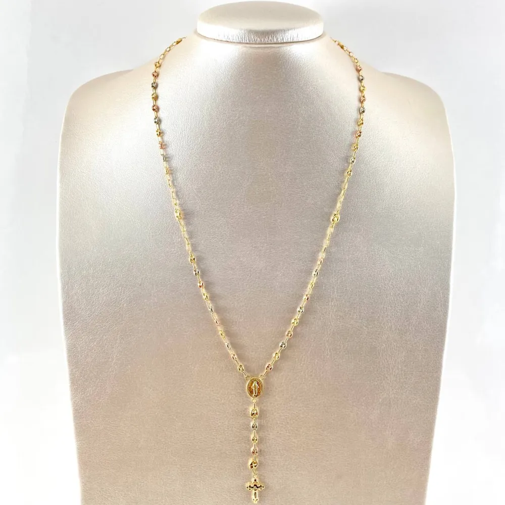 Rosario GC Virgen Milagrosa Cruz Tres Puntas 5.2gr / 50cm / 3mm-4mm Bolas Diamantadas Tres Oros 18K © para Jardín y Patio