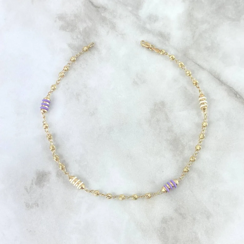 Tobillera Rustico Militar 4.1gr / 25cm / 3mm Bolas Diamantadas Cauchos Blancos Lilas Oro Amarillo * en Bronce Envejecido