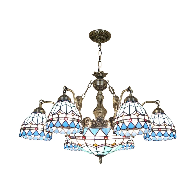 Koepelvormige kroonluchter van geslepen glas Tiffany 7/9-lichts blauwe plafondlamp met zeemeermindecoratie
