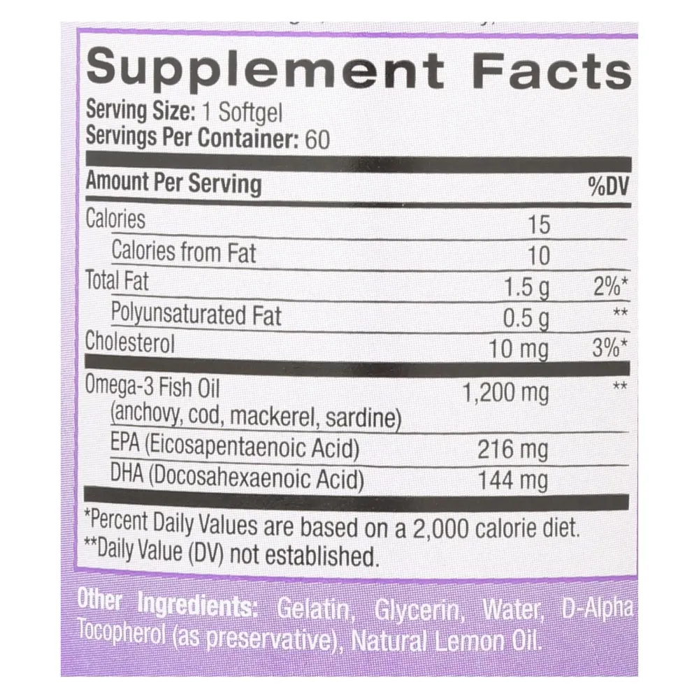 Aceite de pescado con sabor limón y omega-3 de Natrol, 1200 mg, 60 cápsulas blandas