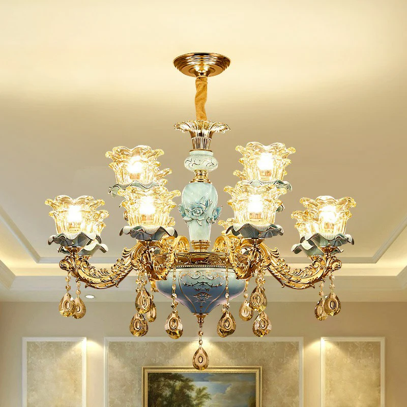 Blauw gelaagde bloem omhoog kroonluchter traditioneel helder kristalglas slaapkamer hanglamp (Set de 3)