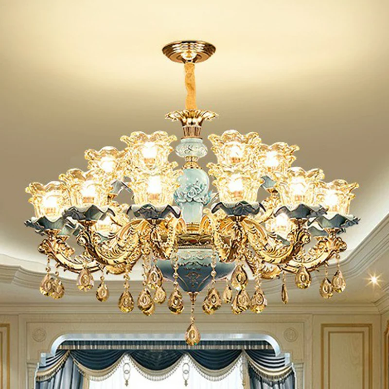 Blauw gelaagde bloem omhoog kroonluchter traditioneel helder kristalglas slaapkamer hanglamp (Set de 3)