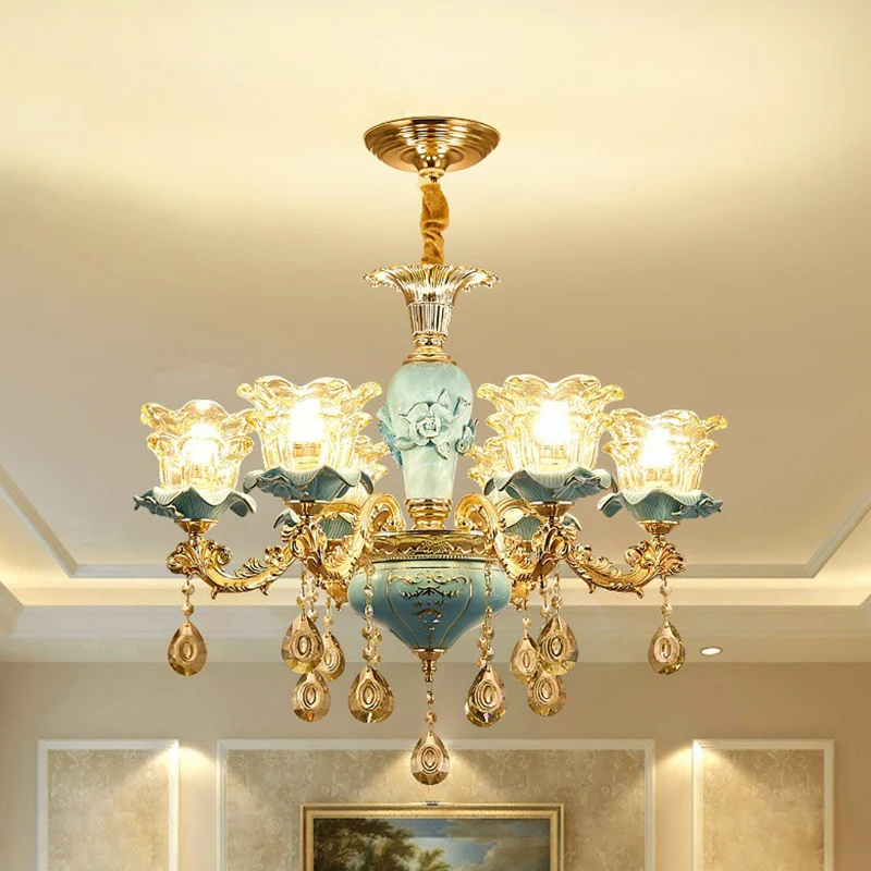 Blauw gelaagde bloem omhoog kroonluchter traditioneel helder kristalglas slaapkamer hanglamp (Set de 3)