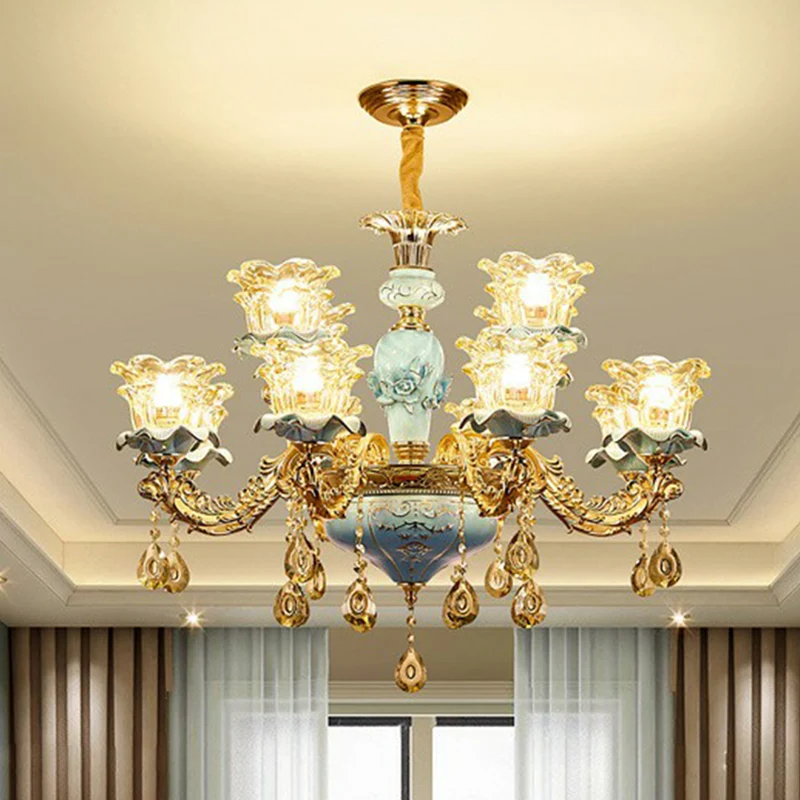 Blauw gelaagde bloem omhoog kroonluchter traditioneel helder kristalglas slaapkamer hanglamp (Set de 3)
