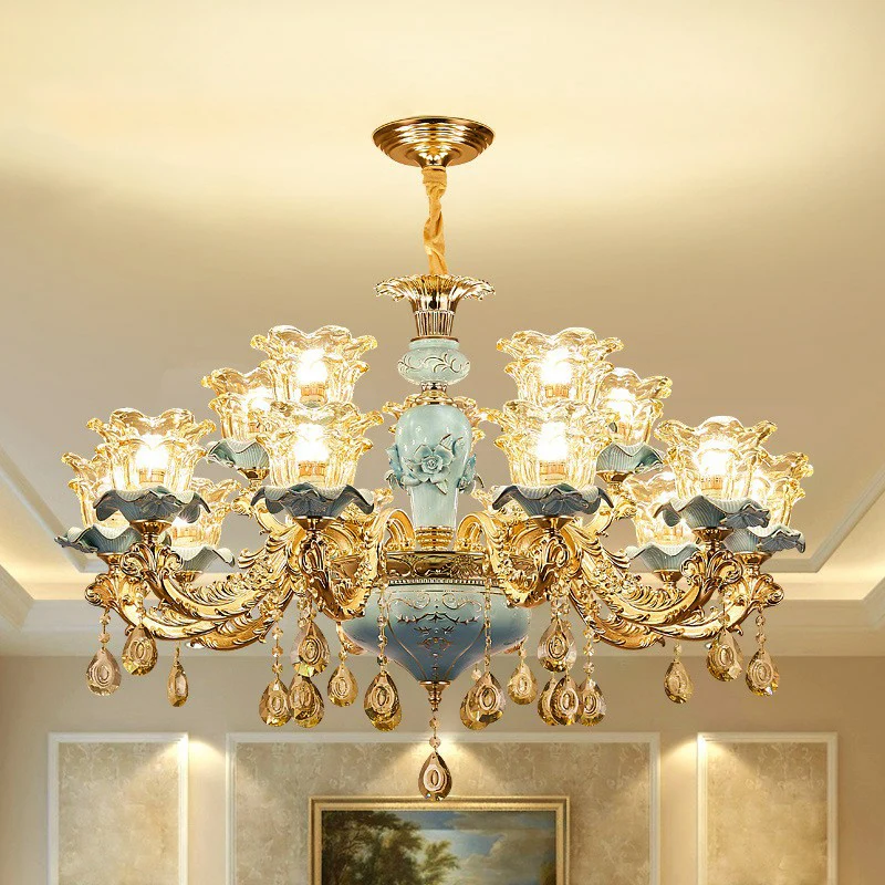 Blauw gelaagde bloem omhoog kroonluchter traditioneel helder kristalglas slaapkamer hanglamp (Set de 3)