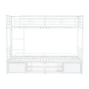 Cesta Colgante con Malla Litera de hierro 90x200 cm - con zapatero y escalera - Blanco