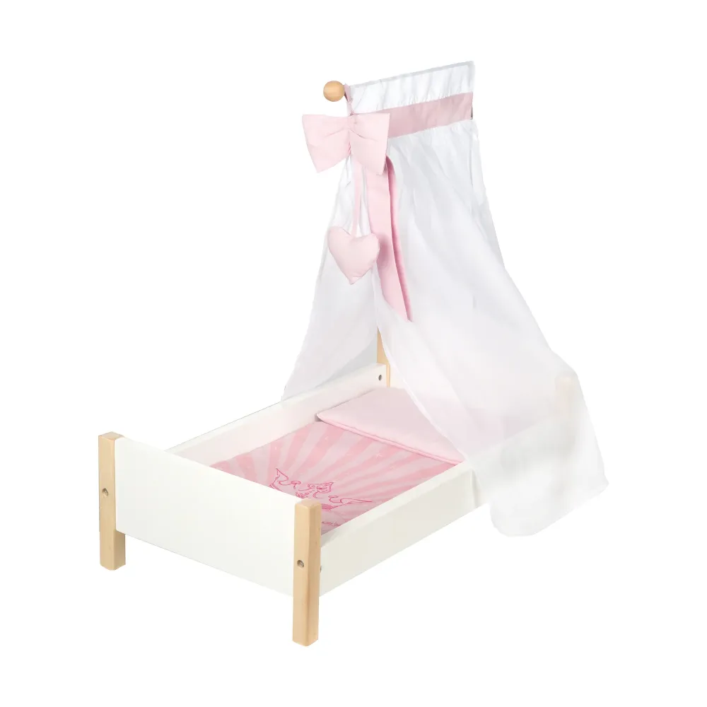 Doll Bed 'Scarlett', White Painted, Includes Textile Equipment, Bedding & Canopy Rosa