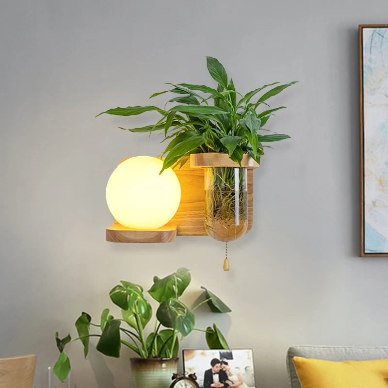 Lampada da parete forma di globo/cilindro legno, vetro crema nordico, con 1 lampadina, lampada da parete per camera da let...