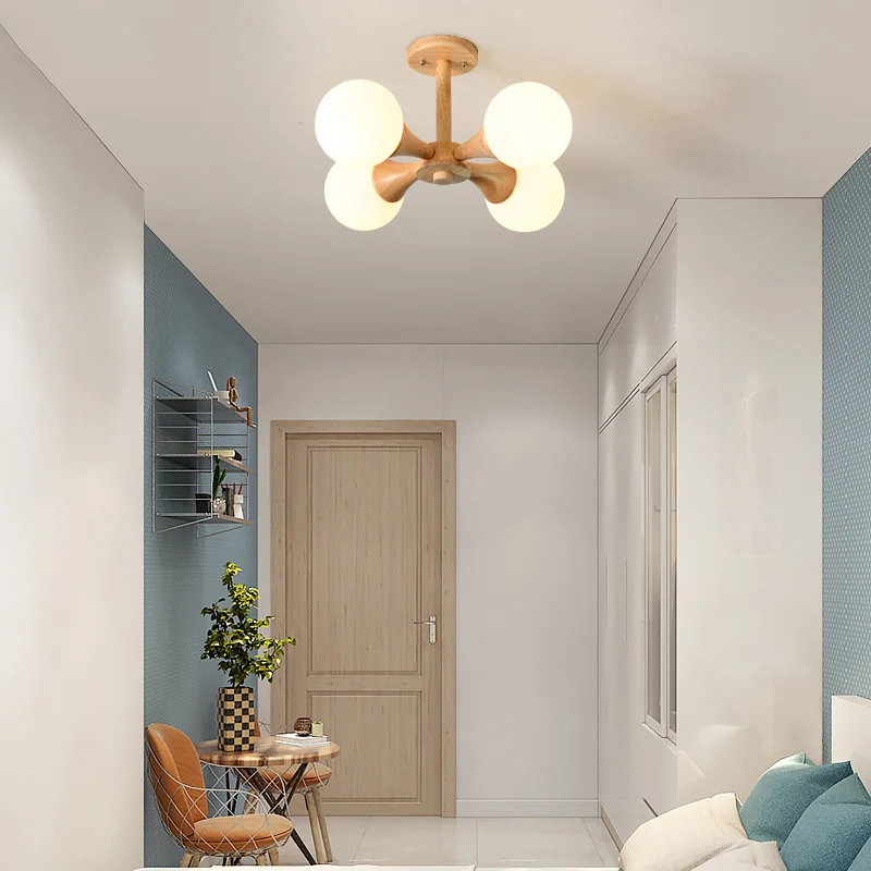 Lampadario soffitto da incasso per camera da letto vetro bianco semi-incasso stile nordico con baldacchino legno para Espa...