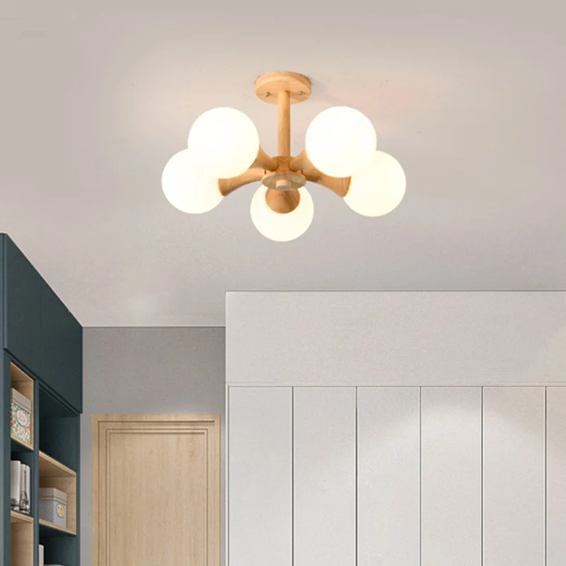 Lampadario soffitto da incasso per camera da letto vetro bianco semi-incasso stile nordico con baldacchino legno para Espa...