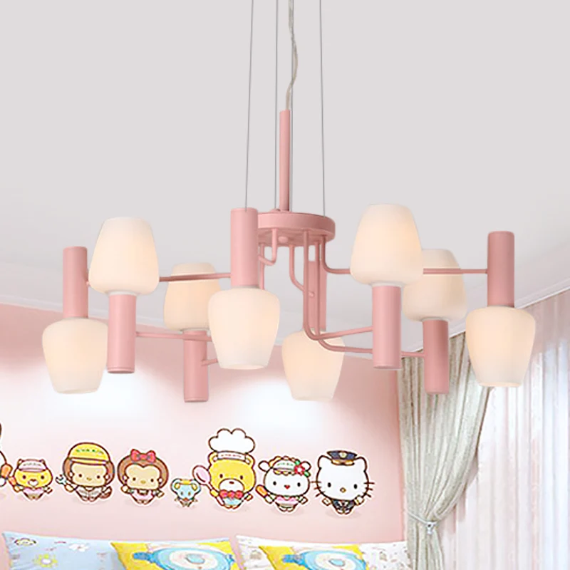 Lampadario da soffitto lounge 8 lampadine Macaron Lampada sospensione rosa/giallo/blu con paralume vetro di latte bottigli...