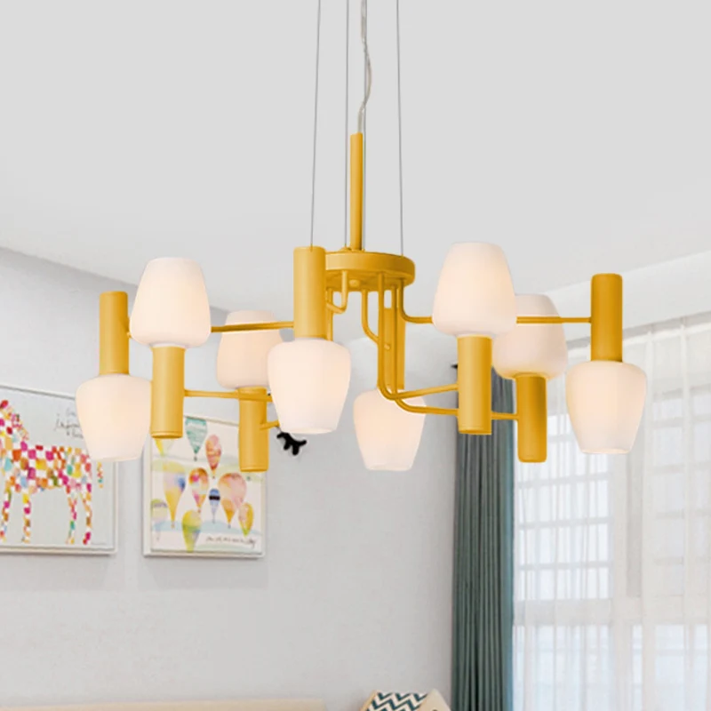 Lampadario da soffitto lounge 8 lampadine Macaron Lampada sospensione rosa/giallo/blu con paralume vetro di latte bottigli...