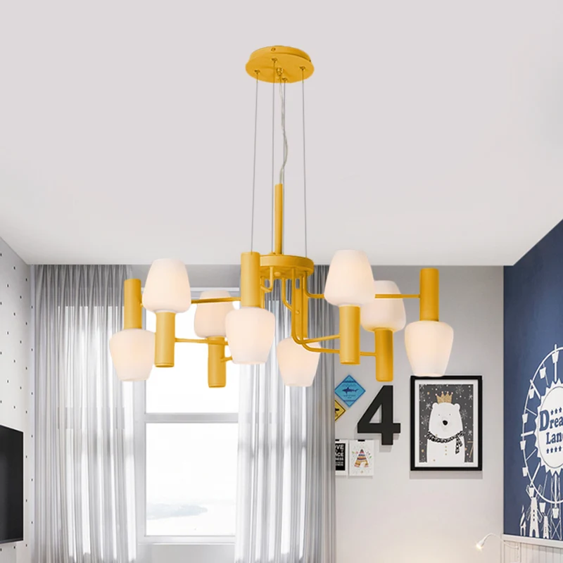 Lampadario da soffitto lounge 8 lampadine Macaron Lampada sospensione rosa/giallo/blu con paralume vetro di latte bottigli...