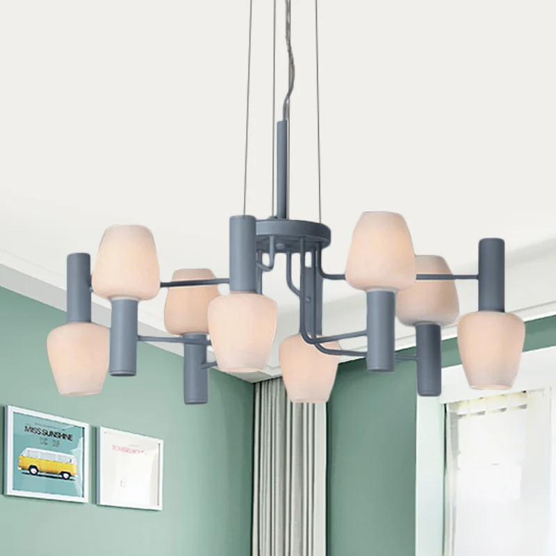 Lampadario da soffitto lounge 8 lampadine Macaron Lampada sospensione rosa/giallo/blu con paralume vetro di latte bottigli...
