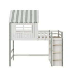 Litera de madera maciza 90x200 cm - con escalera y barrera de seguridad - con 2 estantes - Verde