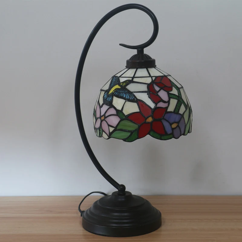 Lámpara de mesa de noche roja/amarilla, 1 luz, Tiffany, vidrio cortado mano, iluminación de escritorio con estampado de fl...